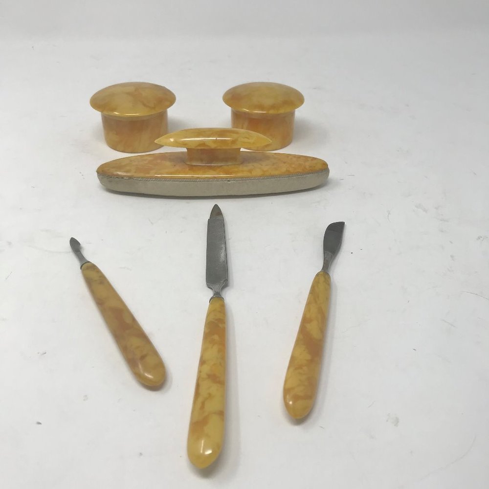 Vtg 6 pcs. Yellow Arlington Pyralin Celluloid / Bakelite Vanity Dresser Manicure